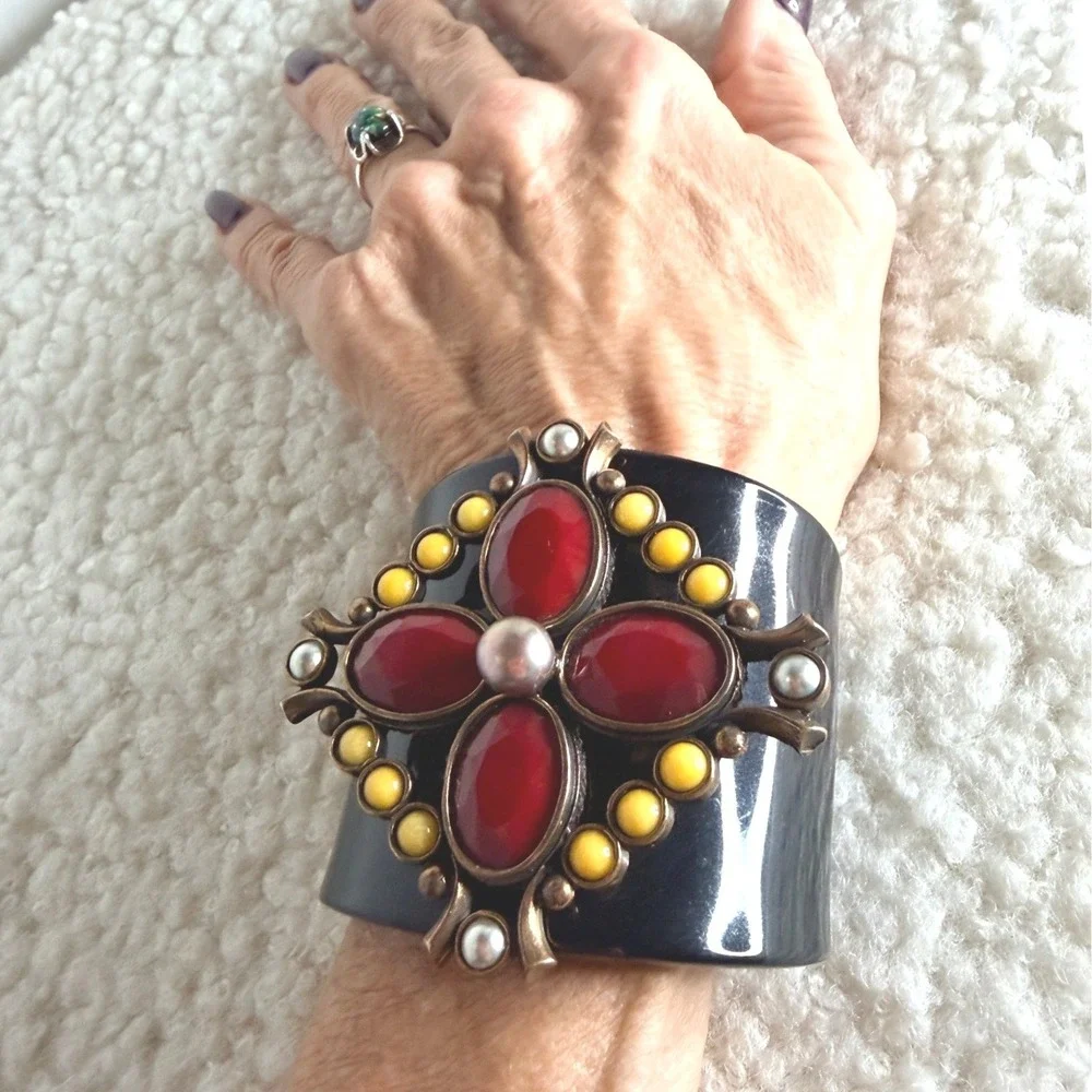 Vintage Extasia Red Bronze Handmade Cuff Bracelet Cab Stone Baroque Cross